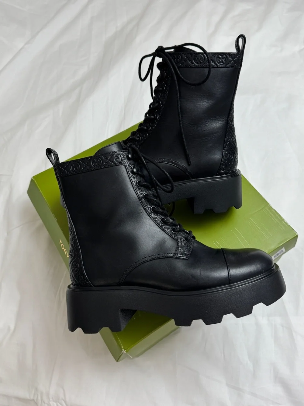 Tory Burch Chunky Black Lug Sole Combat Boots Leather Platform Ankle Boots US 10